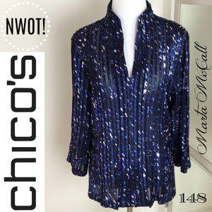 NWOT CHICOS Travelers Blue Black Zip Front Jacket M